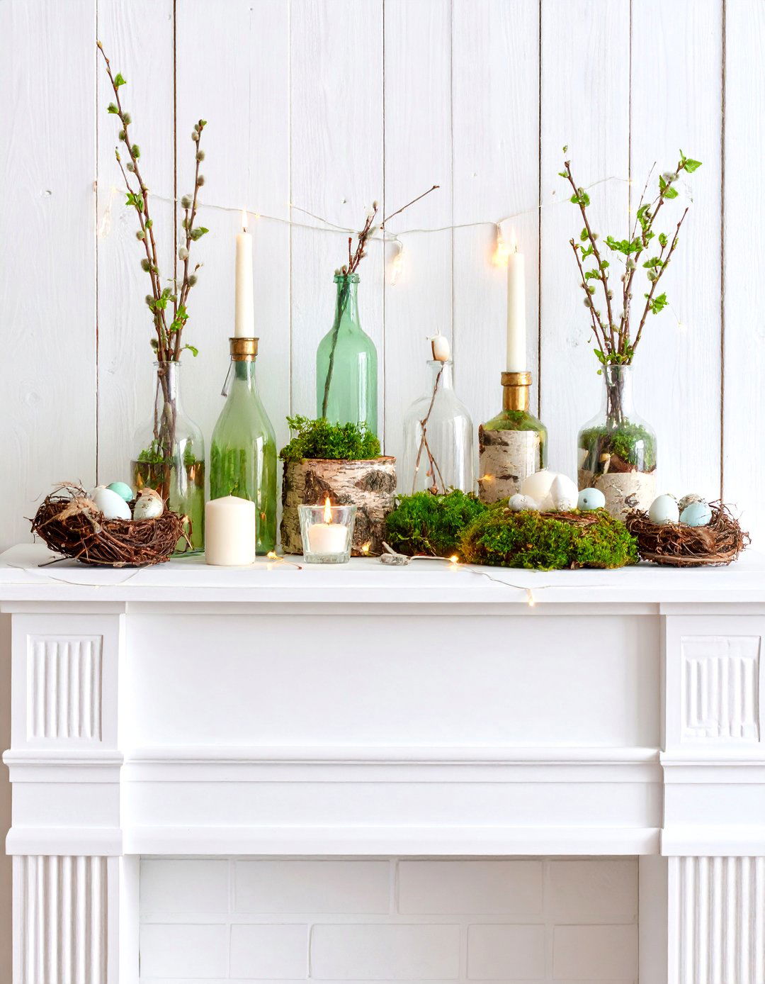 Rustic Birch Log and Moss Spring Display - 25 Spring Mantel Decor Ideas