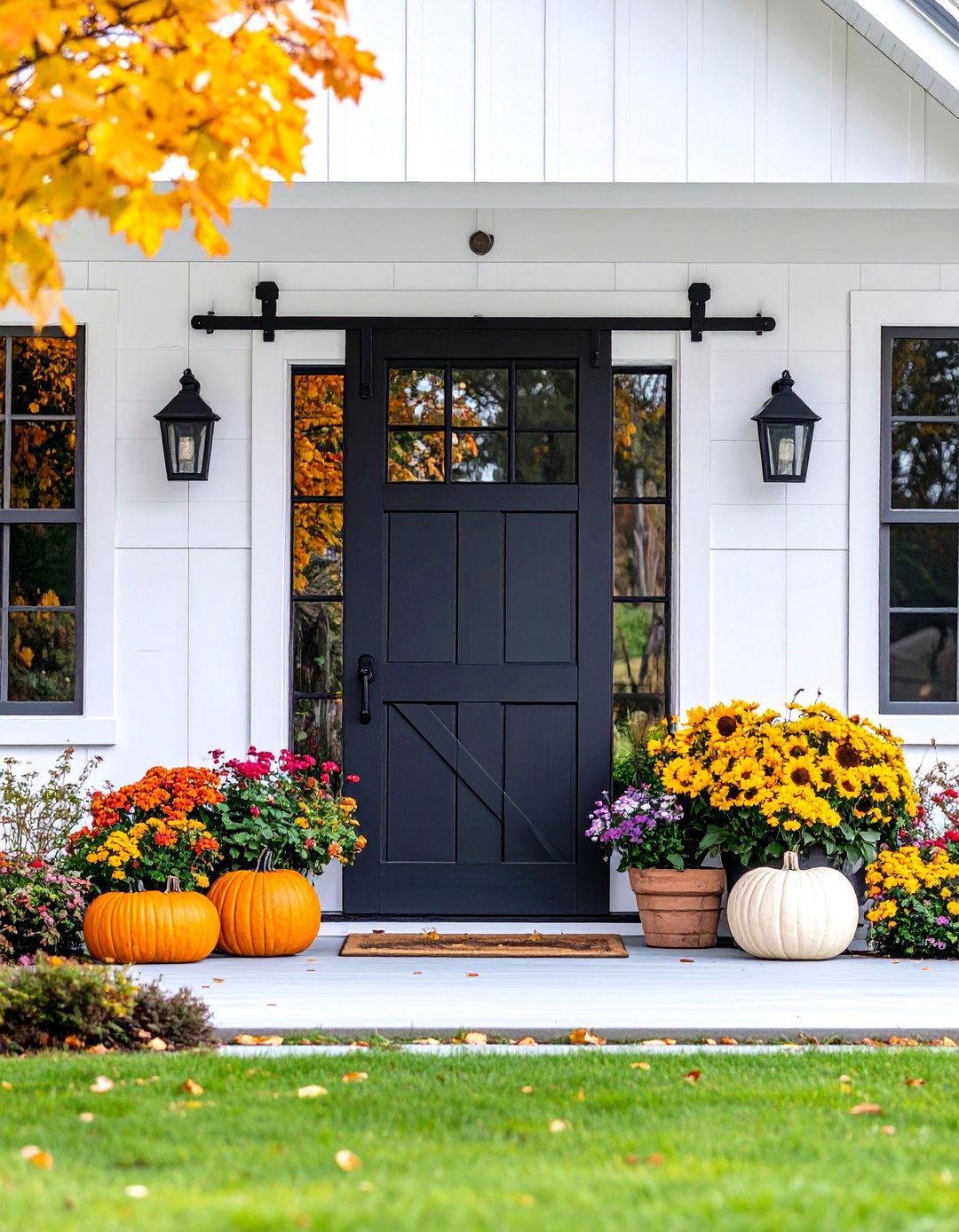 Rustic Black Barn Door with White Shiplap Walls - 25 Black and White Entryway Design Ideas