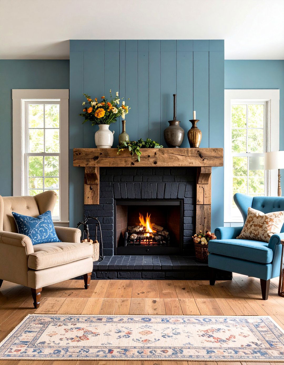 Rustic Black Brick Fireplace with Distressed Wood Mantel - 25 Black Brick Fireplace Ideas