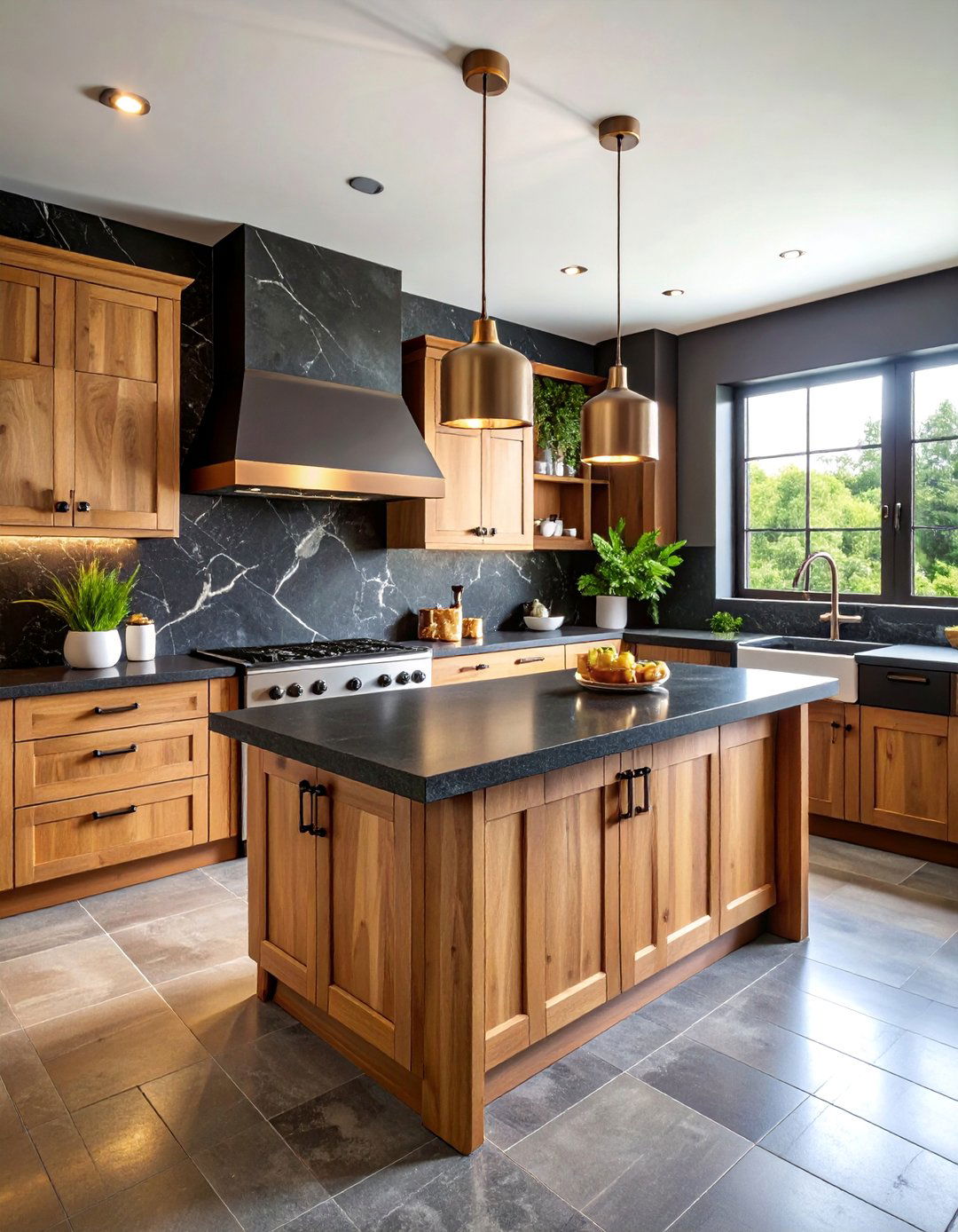 Rustic Black Stone Backsplash with Natural Texture - 25 Kitchen With Black Backsplash