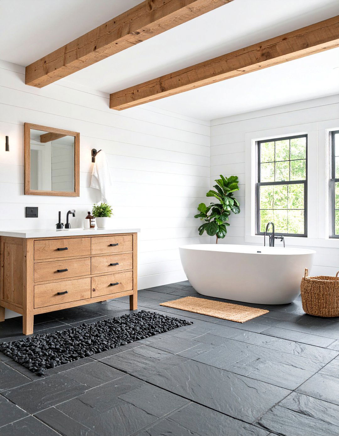 Rustic Black Stone Floor with White Shiplap Walls - 25 Black Floor Bathroom With White Walls Ideas