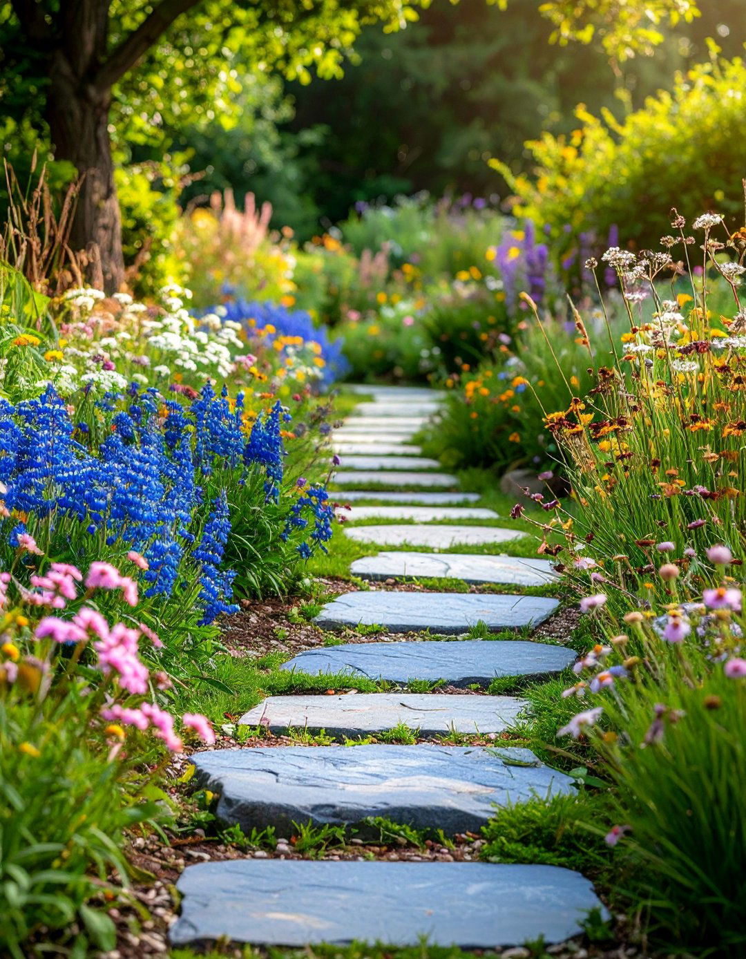 Rustic Bluestone Path with Wildflower Meadow Borders - 25 Bluestone Walkway Ideas