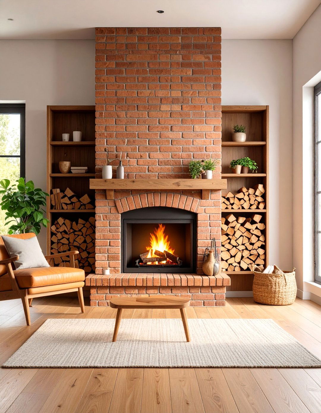 Rustic Brick Fireplace with Firewood Storage Niches - 25 Rustic Living Room With a Brick Fireplace Ideas
