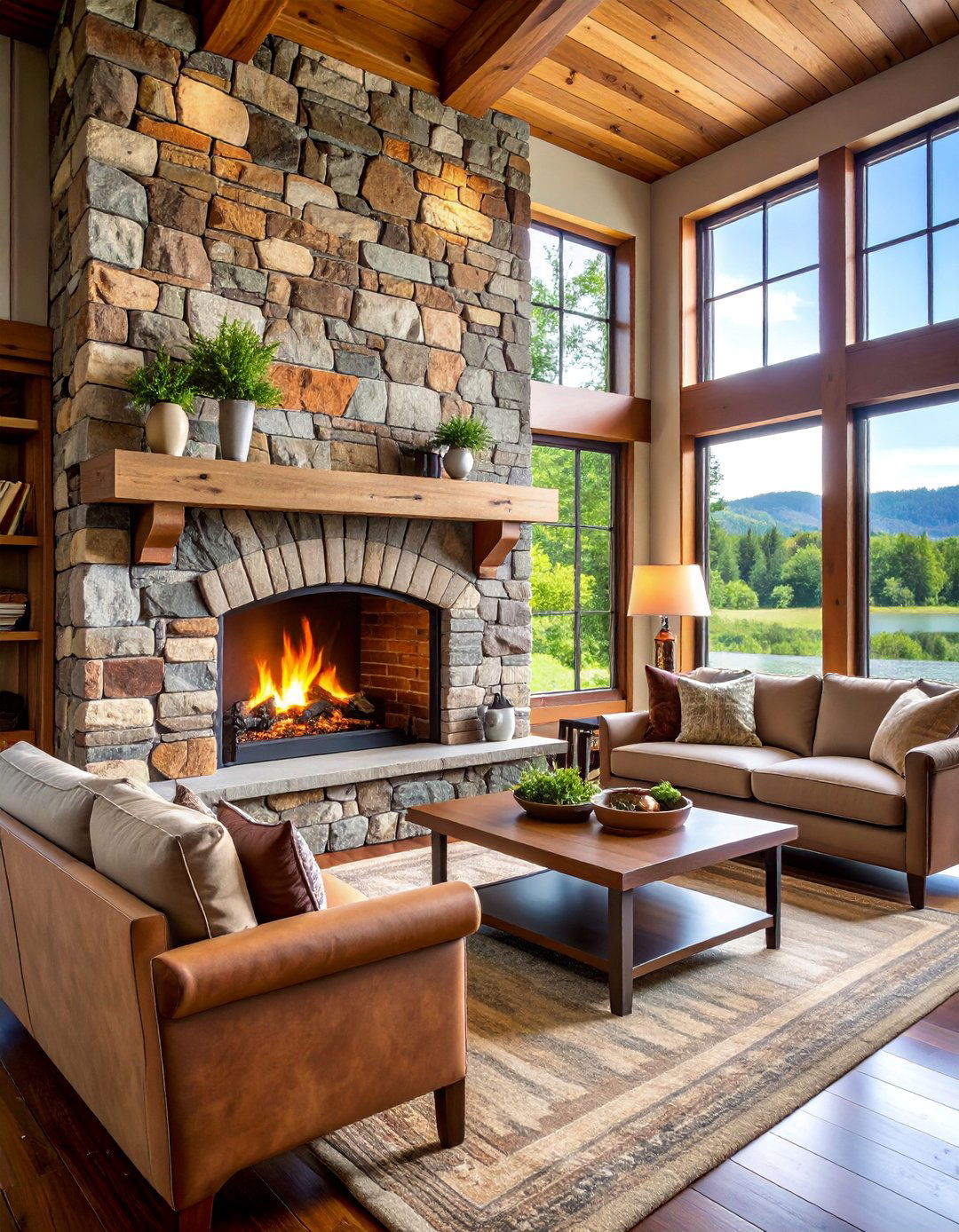 Rustic Brick Fireplace with Stone Veneer Accents - 25 Rustic Brick Fireplace Ideas