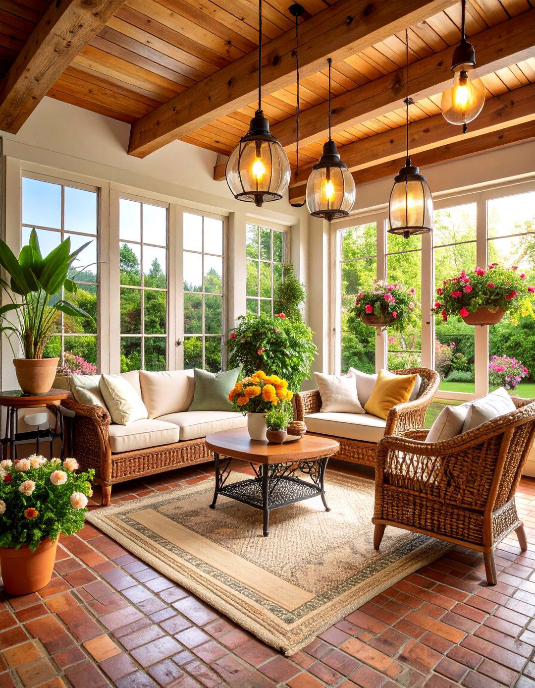 Rustic Brick Floor Sunroom with Exposed Beams - 25 Farmhouse Sunroom Ideas