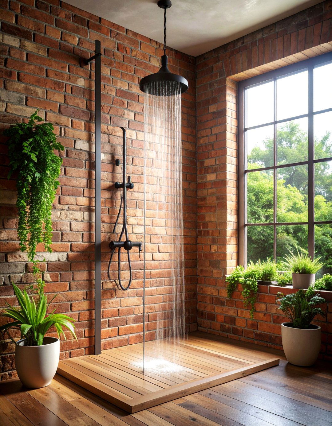 Rustic Brick Shower Wall with Weathered Character - 25 Shower Wall Ideas