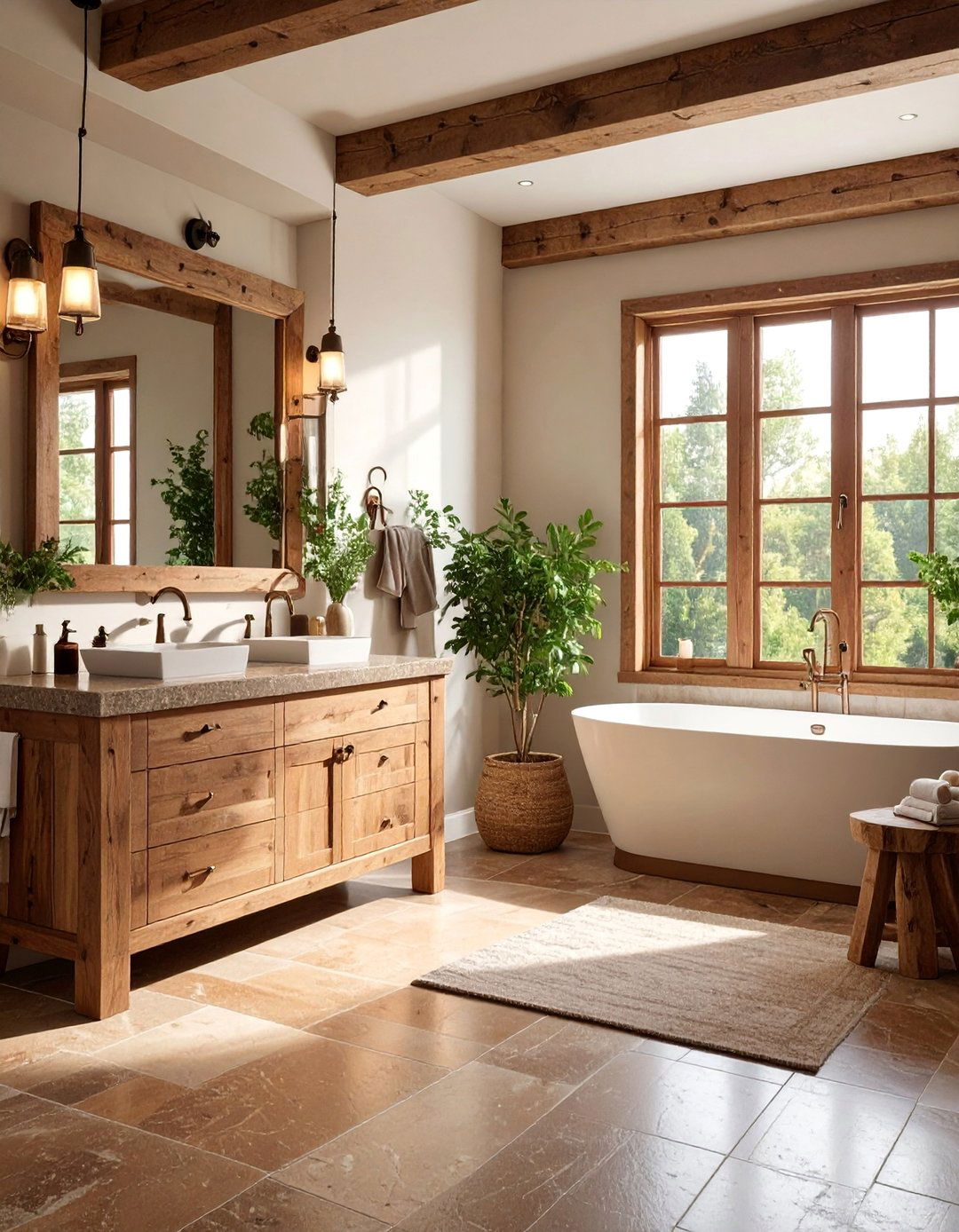 Rustic Brown Granite Bathroom with Wooden Vanity Base - 25 Brown Granite Bathroom Ideas
