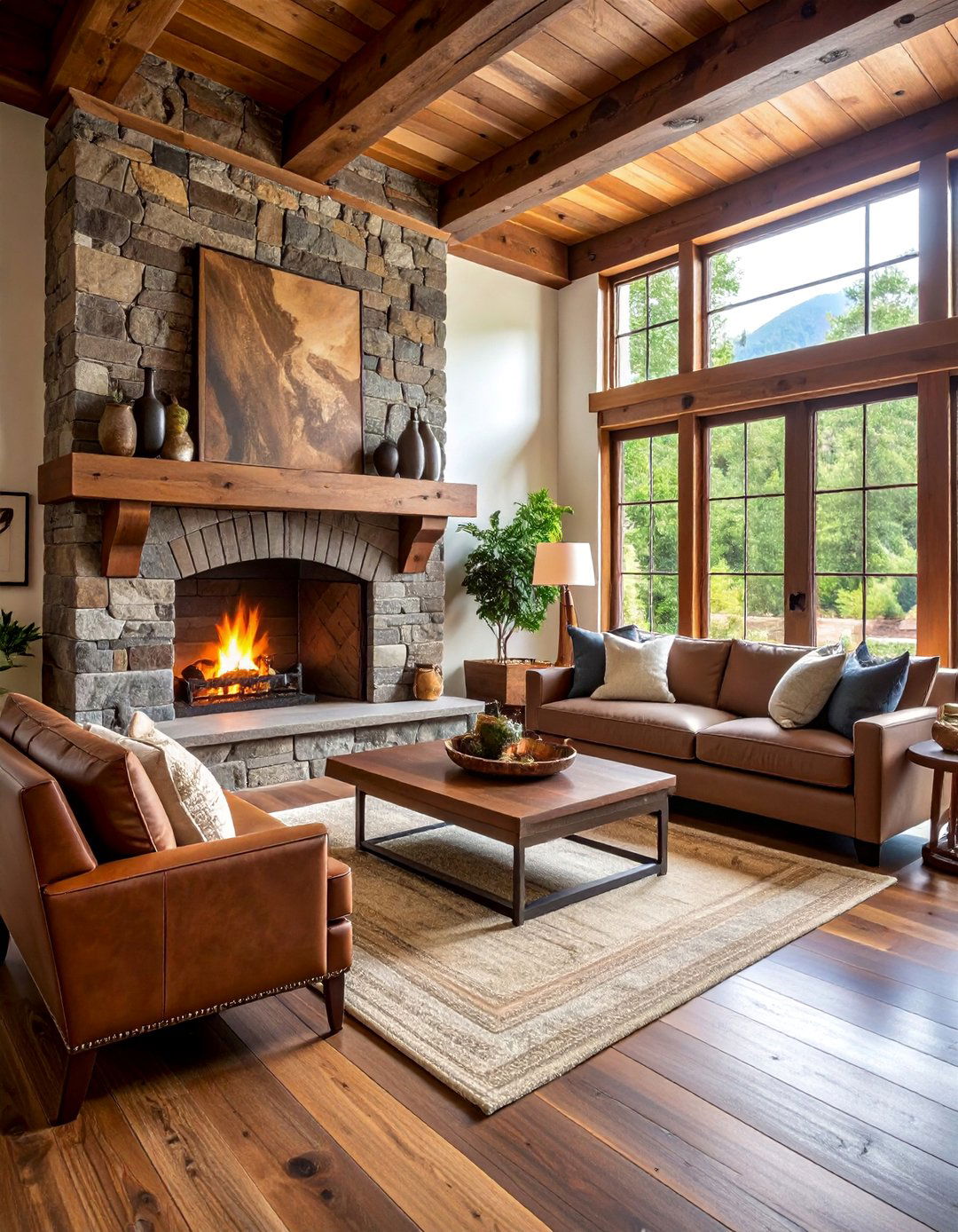 Rustic Brown Quartz Fireplace Surround with Natural Textures - 25 Quartz Fireplace Surround Ideas
