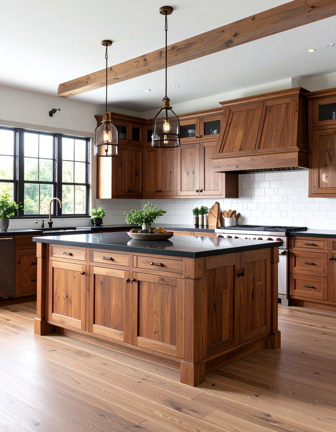 Rustic Brown Shaker Cabinets with Black Granite Island - 25 Black and Brown Kitchen Ideas