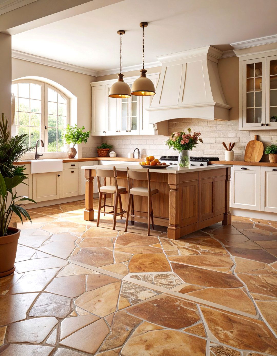 Rustic Brown Stone Look with Cream Mortar Lines - 25 Linoleum Kitchen Flooring Ideas