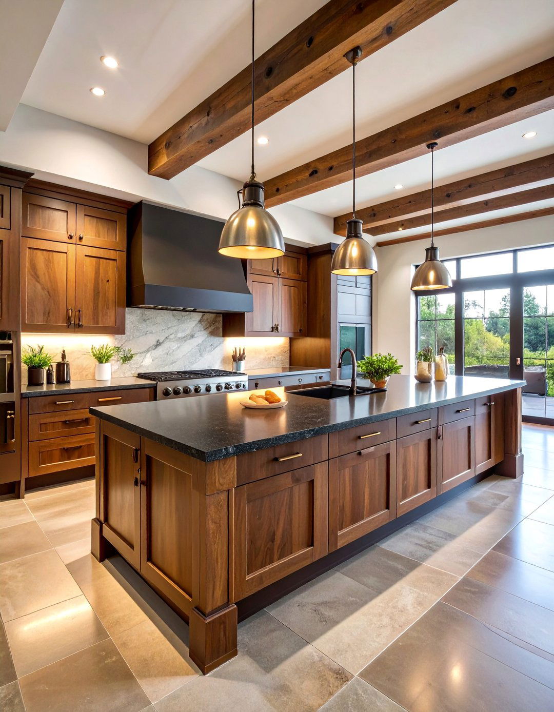 Rustic Brown Wood Cabinets with Honed Black Marble - 25 Brown Kitchen Cabinets With Black Countertops