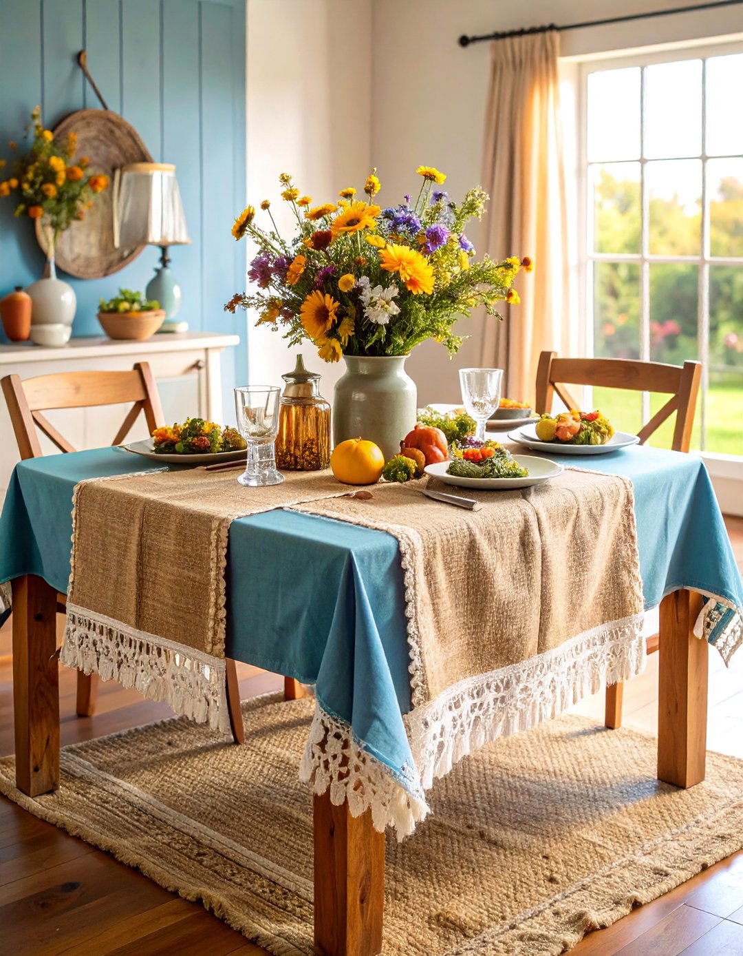 Rustic Burlap Table Runner with Lace Accents - 25 Table Runner Ideas