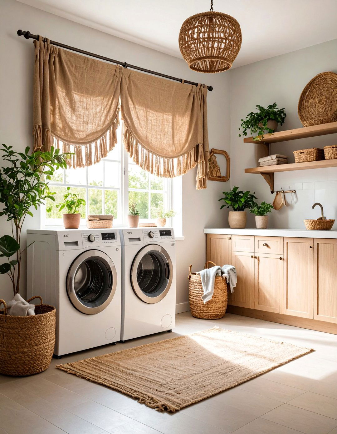 Rustic Burlap Valances with Fringe Details - 25 Laundry Room Curtain Ideas