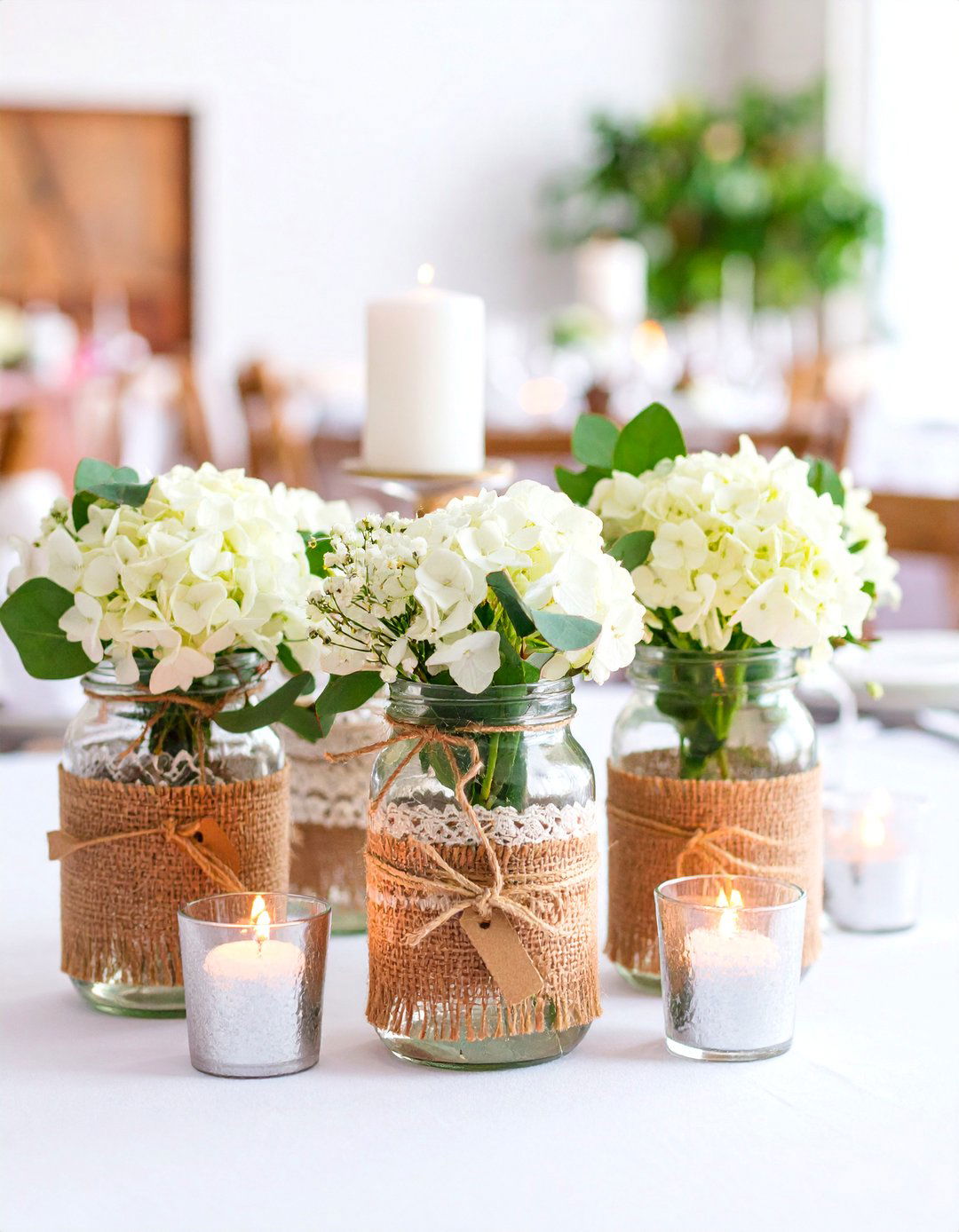 Rustic Burlap and Lace Mason Jar Display - 25 Mason Jar Wedding Centerpieces