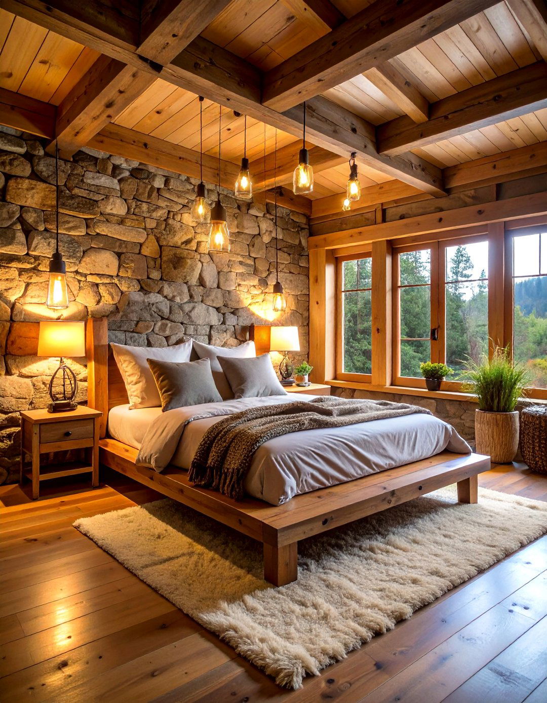 Rustic Cabin Bed Nook with Stone and Timber - 25 Bed Nook Ideas