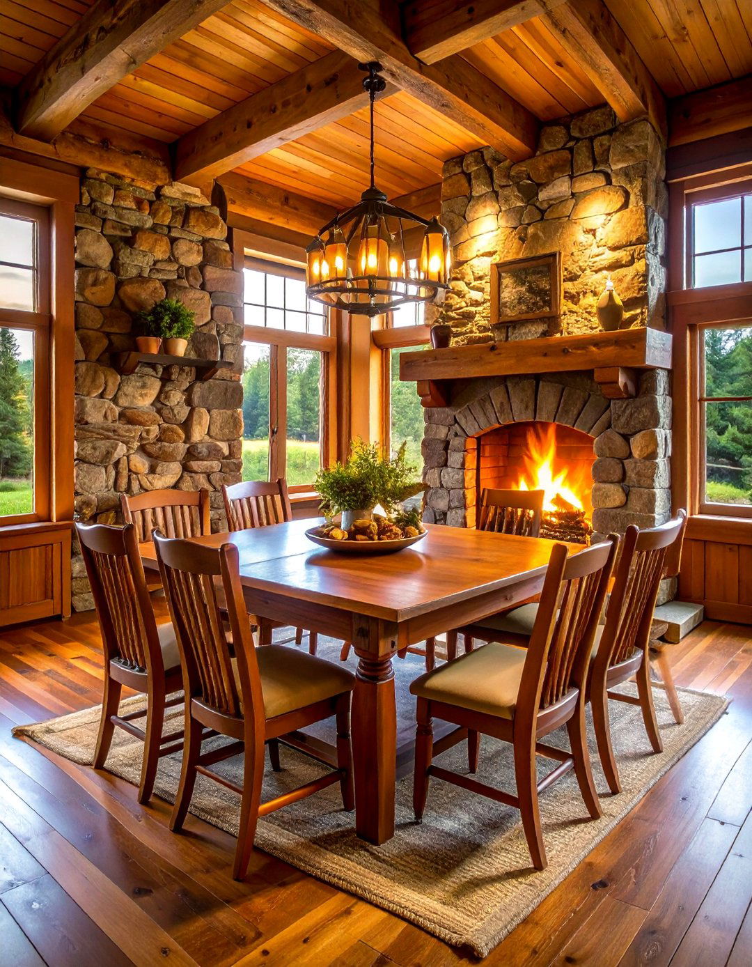 Rustic Cabin Fireplace with Log Construction - 25 Dining Room With Fireplace