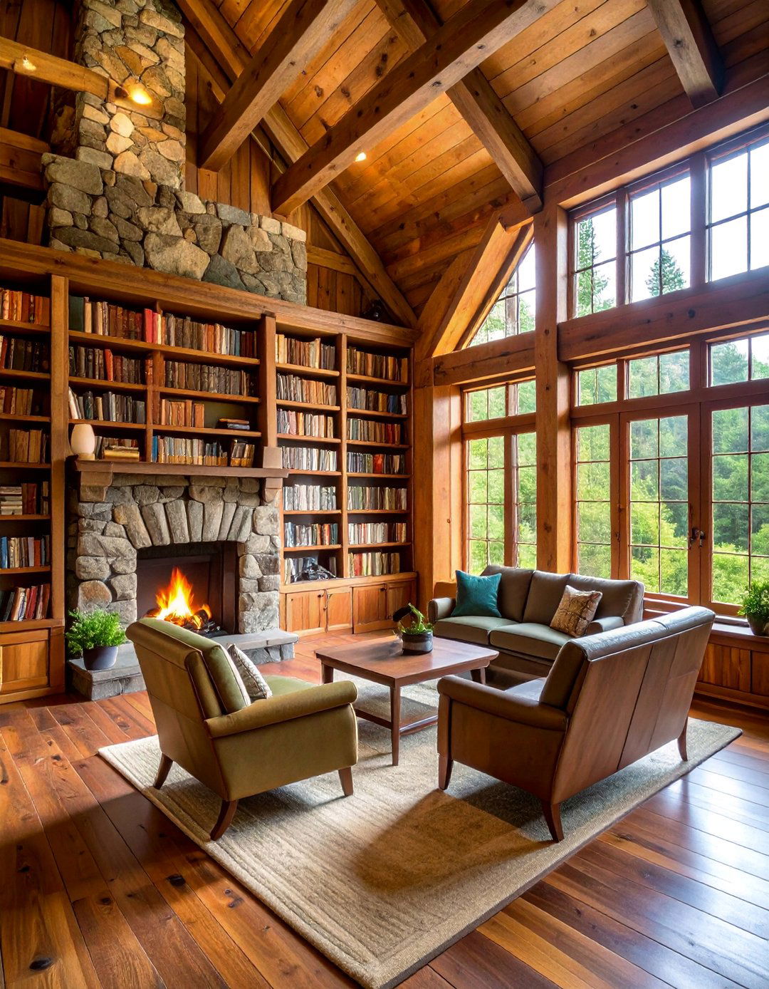 Rustic Cabin Library with Forest Green Elements - 25 Dark Green Home Library Ideas and Inspiration
