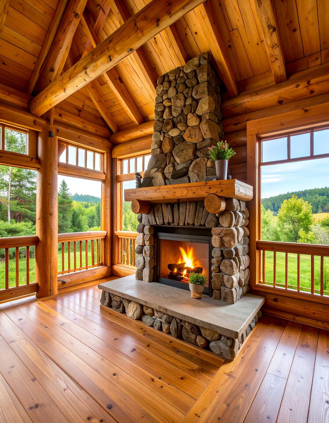 Rustic Cabin Porch with Log Fireplace Surround - 25 Porch Fireplace Ideas