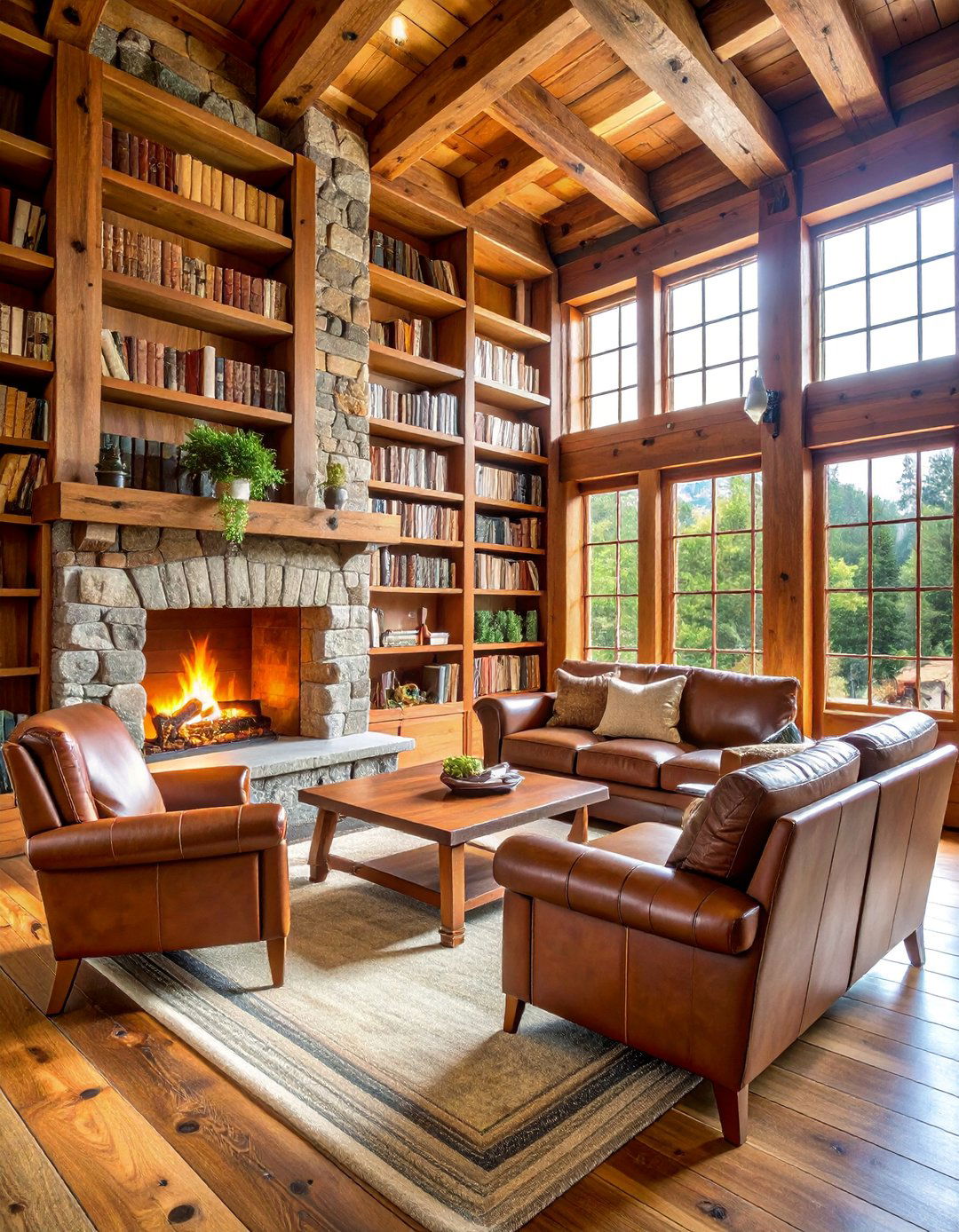 Rustic Cabin Reading Haven with Stone Fireplace - 25 Home Library Ideas
