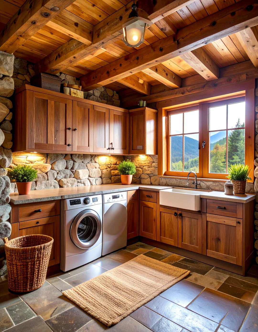 Rustic Cabin Stackable Laundry Corner - 25 Stackable Laundry Room Ideas