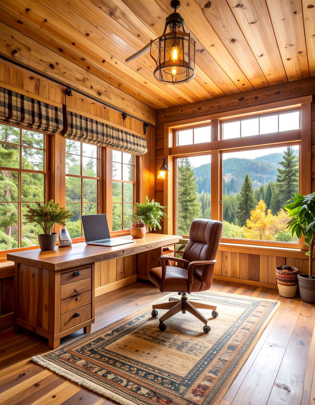 Rustic Cabin Sunroom Office with Knotty Pine Walls - 25 Sunroom Office Ideas