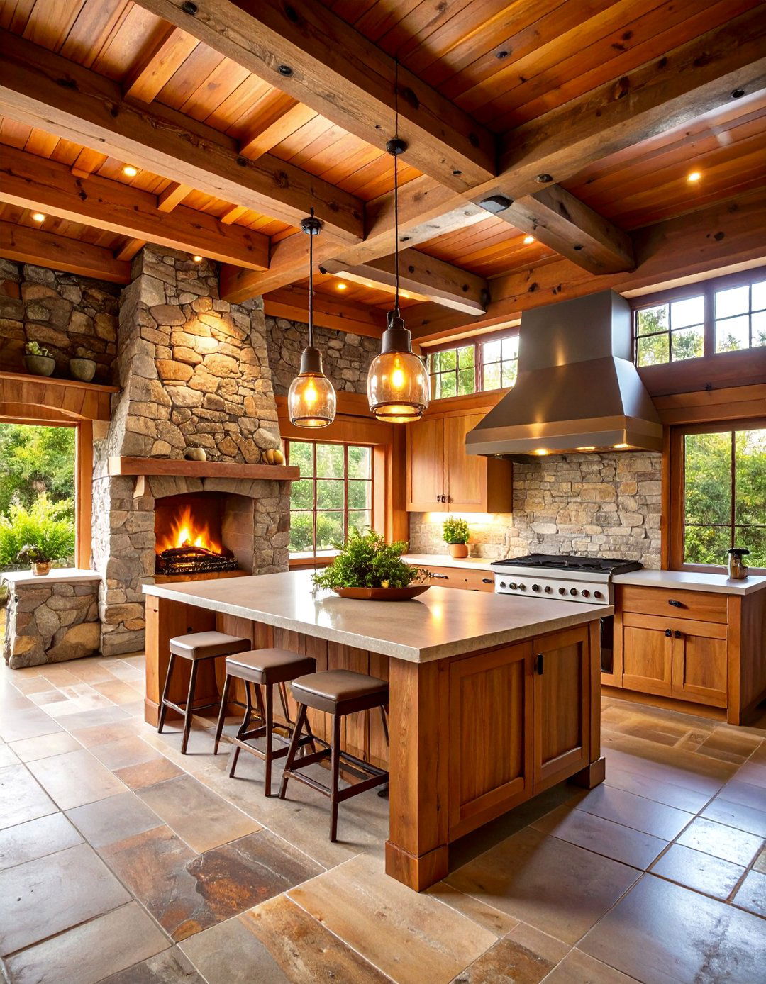 Rustic Cedar Lanai Kitchen with Stone Fire Features - 25 Lanai Kitchen Ideas