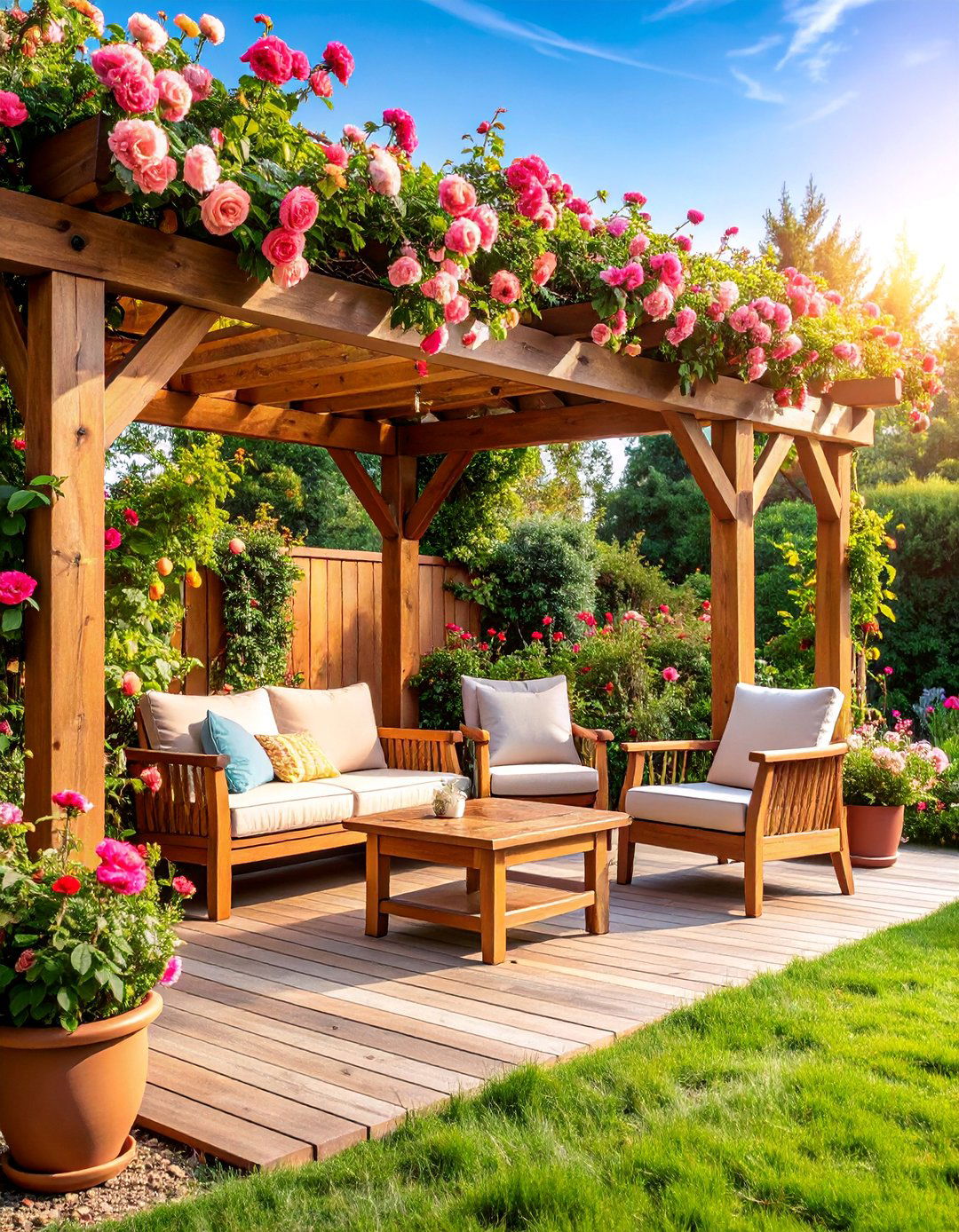 Rustic Cedar Pergola with Climbing Rose Canopy - 25 Small Patio Pergola Ideas
