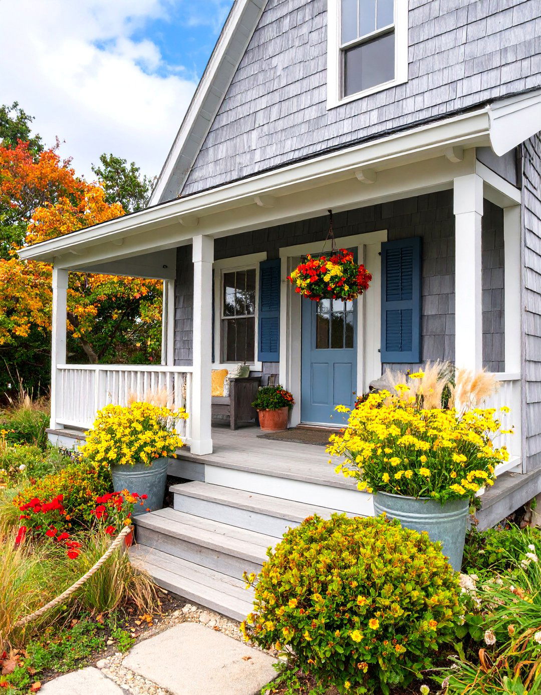 Rustic Cedar Shake Porch with Weathered Wood Furniture - 25 Small Cape Cod Front Porch Ideas