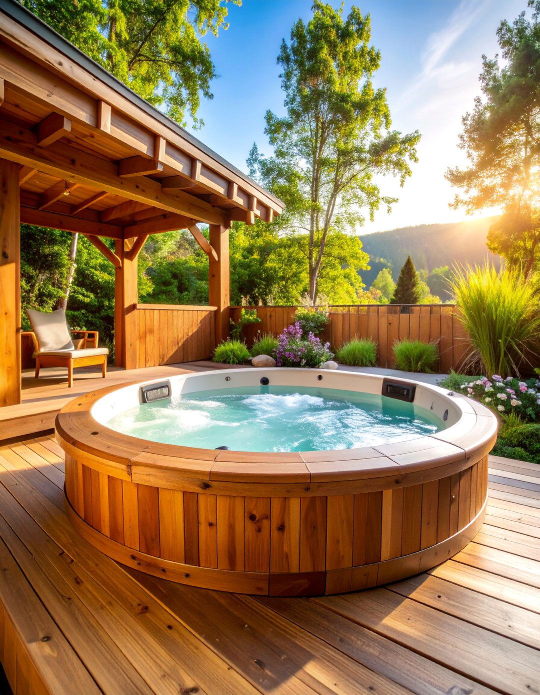 Rustic Cedar Sunken Hot Tub with Natural Wood Surrounds - 25 Sunken Hot Tub Ideas