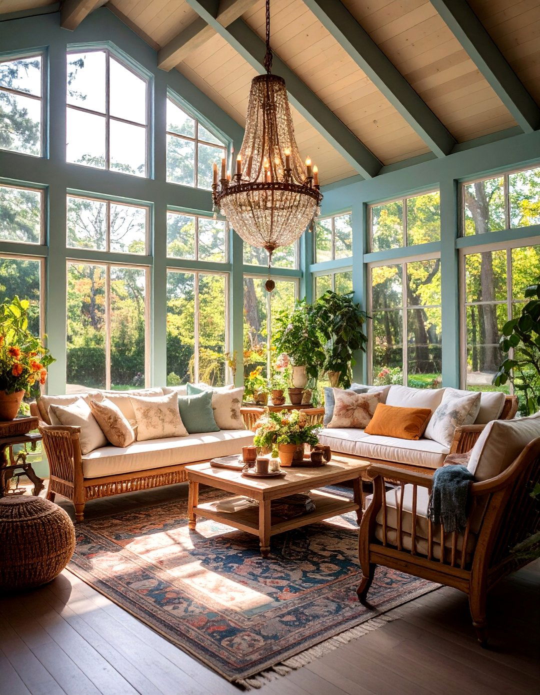 Rustic Chandelier Sunroom with Elegant Comfort - 25 Rustic Sunroom Ideas