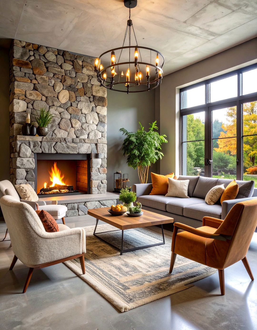 Rustic Concrete Floor Living Room with Fireplace Focus - 25 Rustic Concrete Floor Living Room Ideas