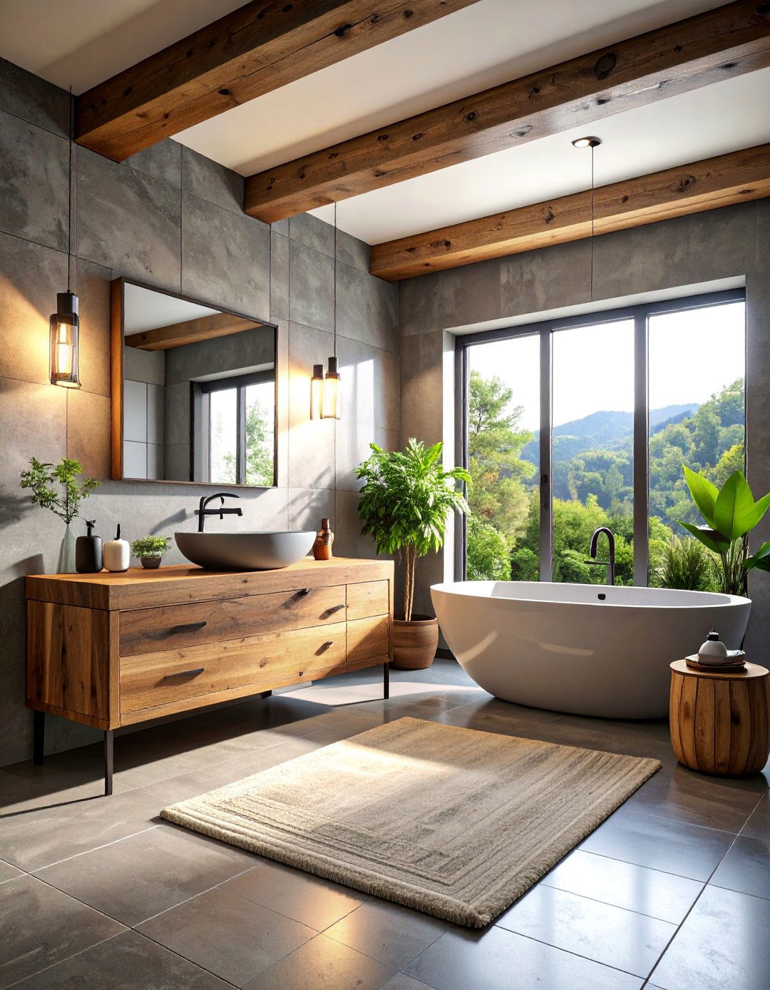 Rustic Contemporary Gray Floor Bathroom with Live Edge Vanity - 25 Gray Floor Bathroom Ideas