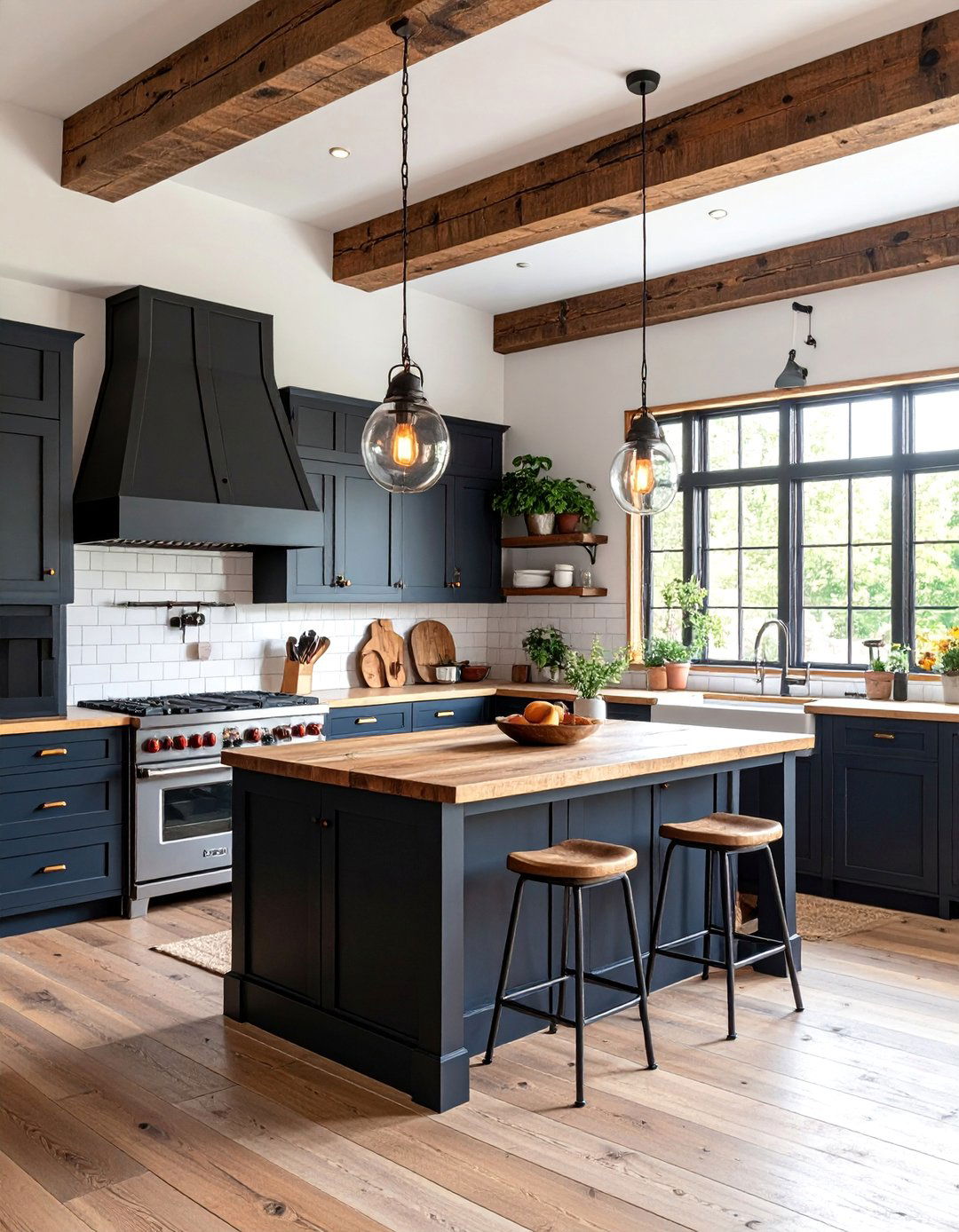 Rustic Copper Beam Details with Black Barn Door Cabinets - 25 black and copper kitchen ideas