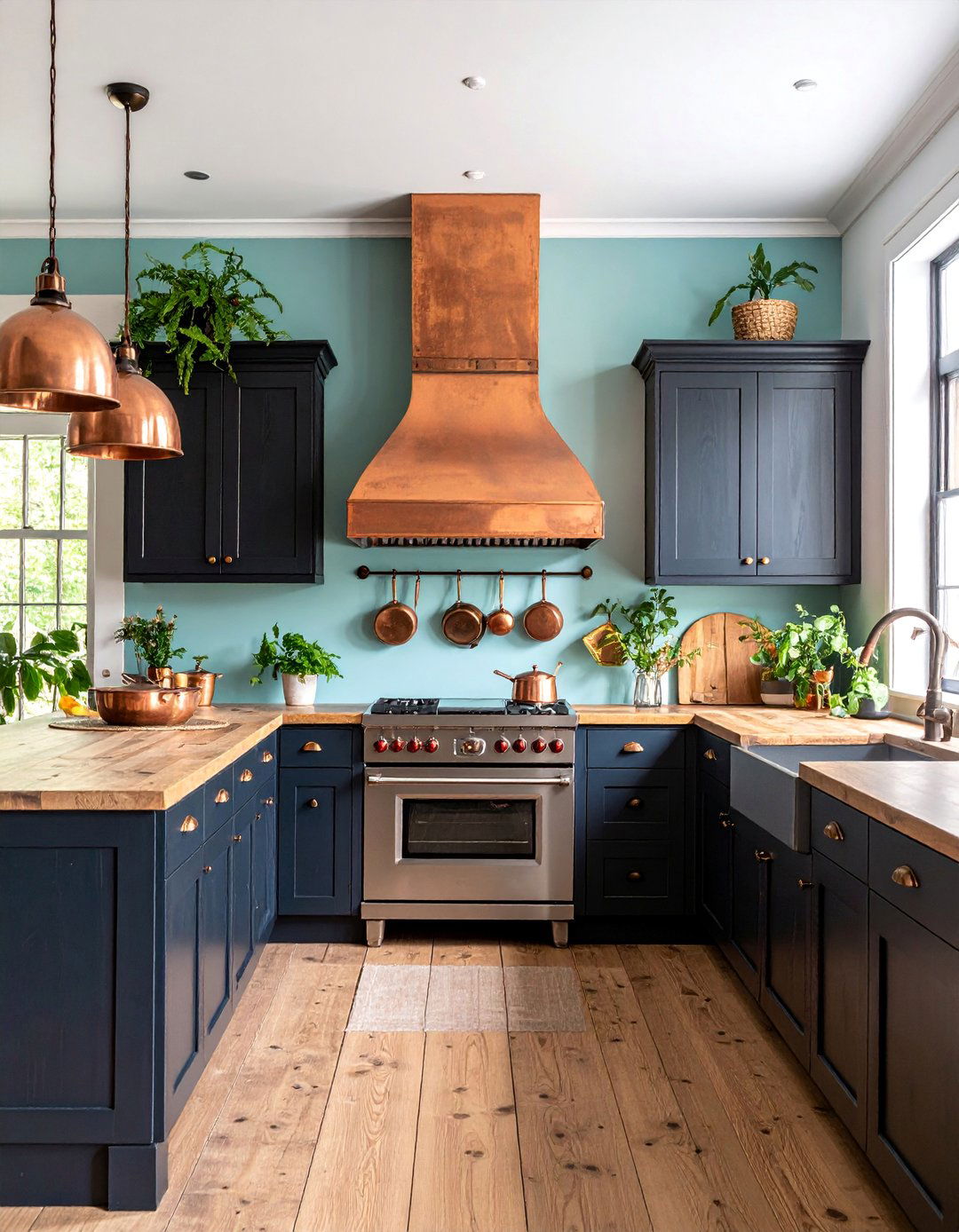 Rustic Copper Range Hood with Distressed Black Cabinets - 25 black and copper kitchen ideas