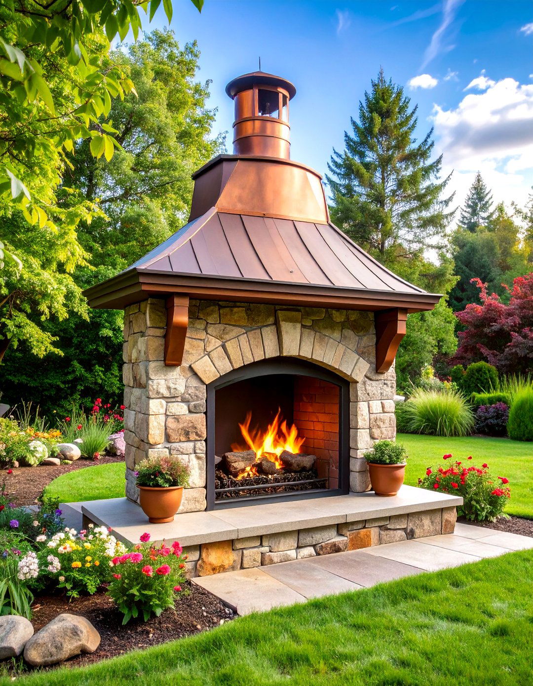 Rustic Copper and Stone Craftsman Style - 25 Rustic Outdoor Fireplace Ideas