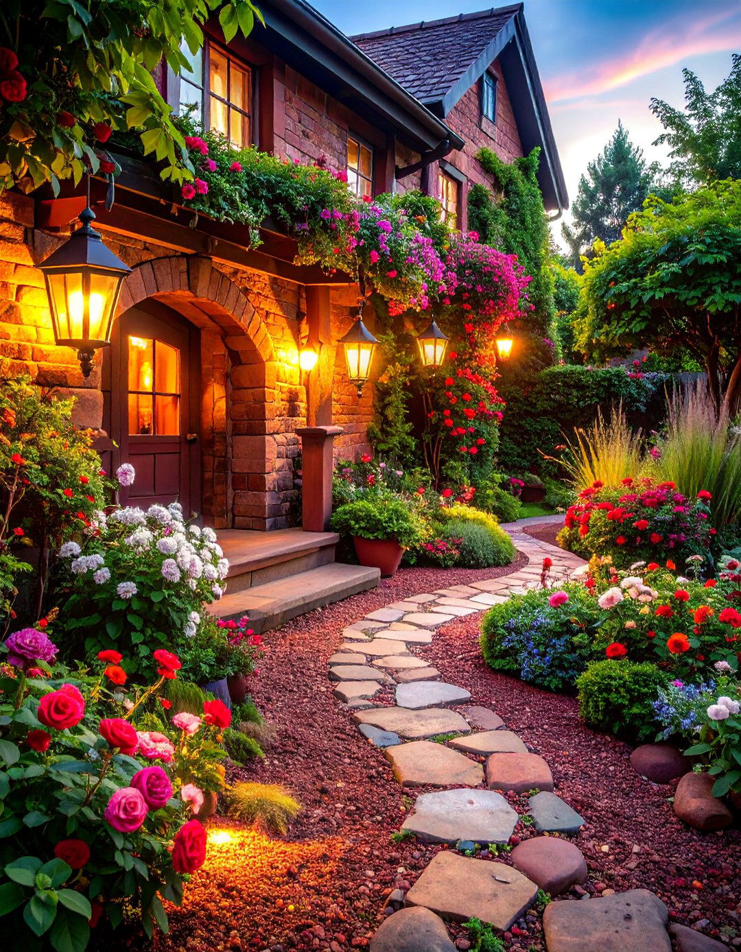 Rustic Cottage Garden with Red Lava Pathways - 25 Red Lava Rock Landscaping Ideas