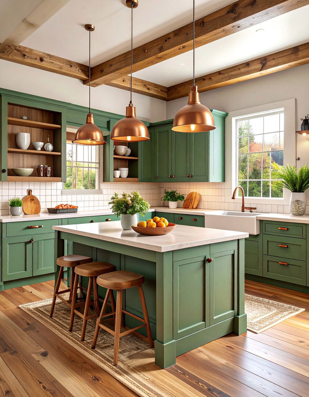 Rustic Cottage Sage Green Kitchen with Reclaimed Oak Butcher Block - 25 Sage Green Kitchen Cabinets With Butcher Block Countertops