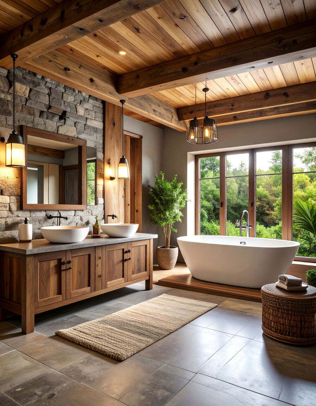 Rustic Dark Wood Bathroom with Stone Accents - 25 Dark Bathroom Ideas