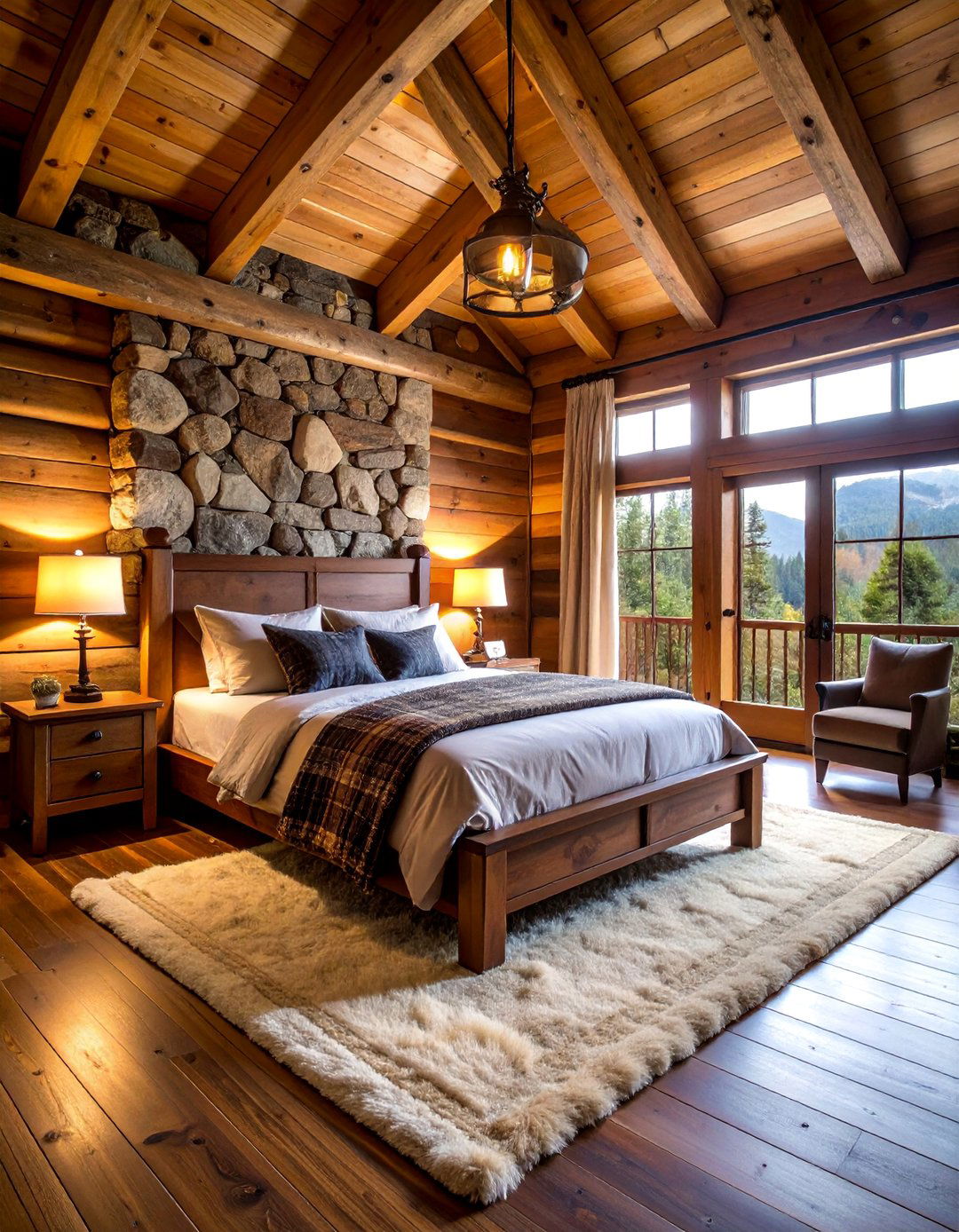 Rustic Dark Wood Cabin Bedroom with Stone Elements - 25 Dark Wood Bedroom Ideas