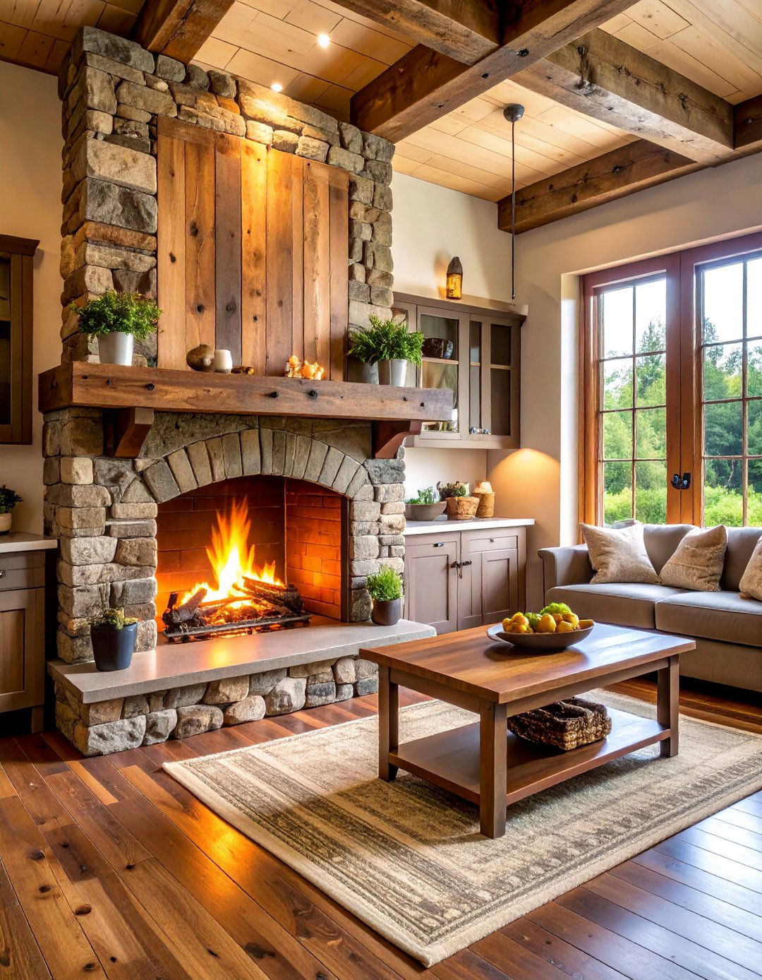 Rustic Double Sided Fireplace with Reclaimed Materials - 25 Double-sided Fireplace Ideas