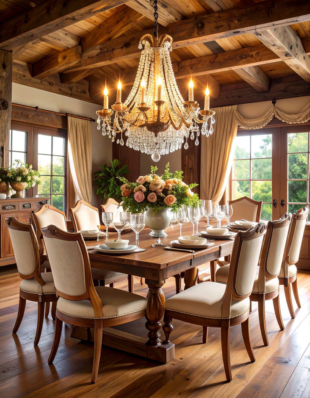 Rustic Elegant Dining Room with Crystal Chandelier Lighting - 25 Rustic Dining Room Ideas
