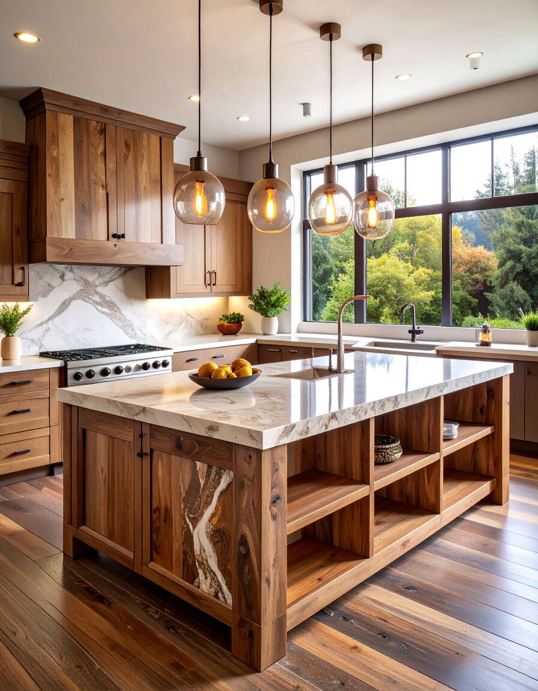 Rustic Emperador Marble Island with Reclaimed Wood - 25 Marble Kitchen Island Ideas