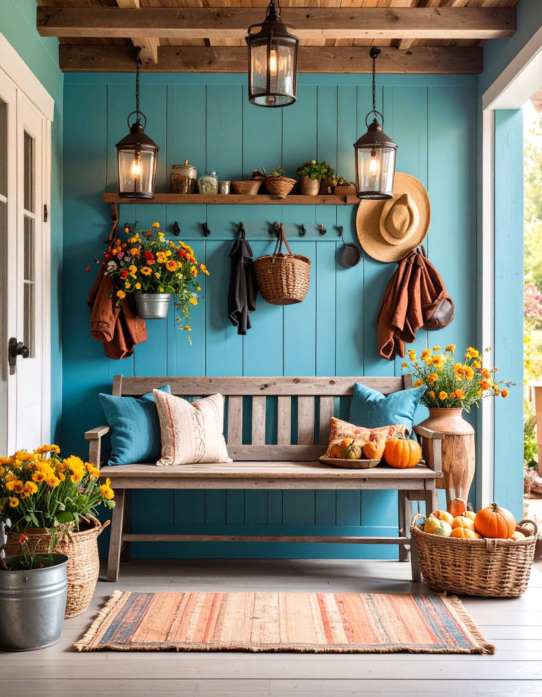 Rustic Entryway with Weathered Wood Bench - 25 Rustic Decor Ideas
