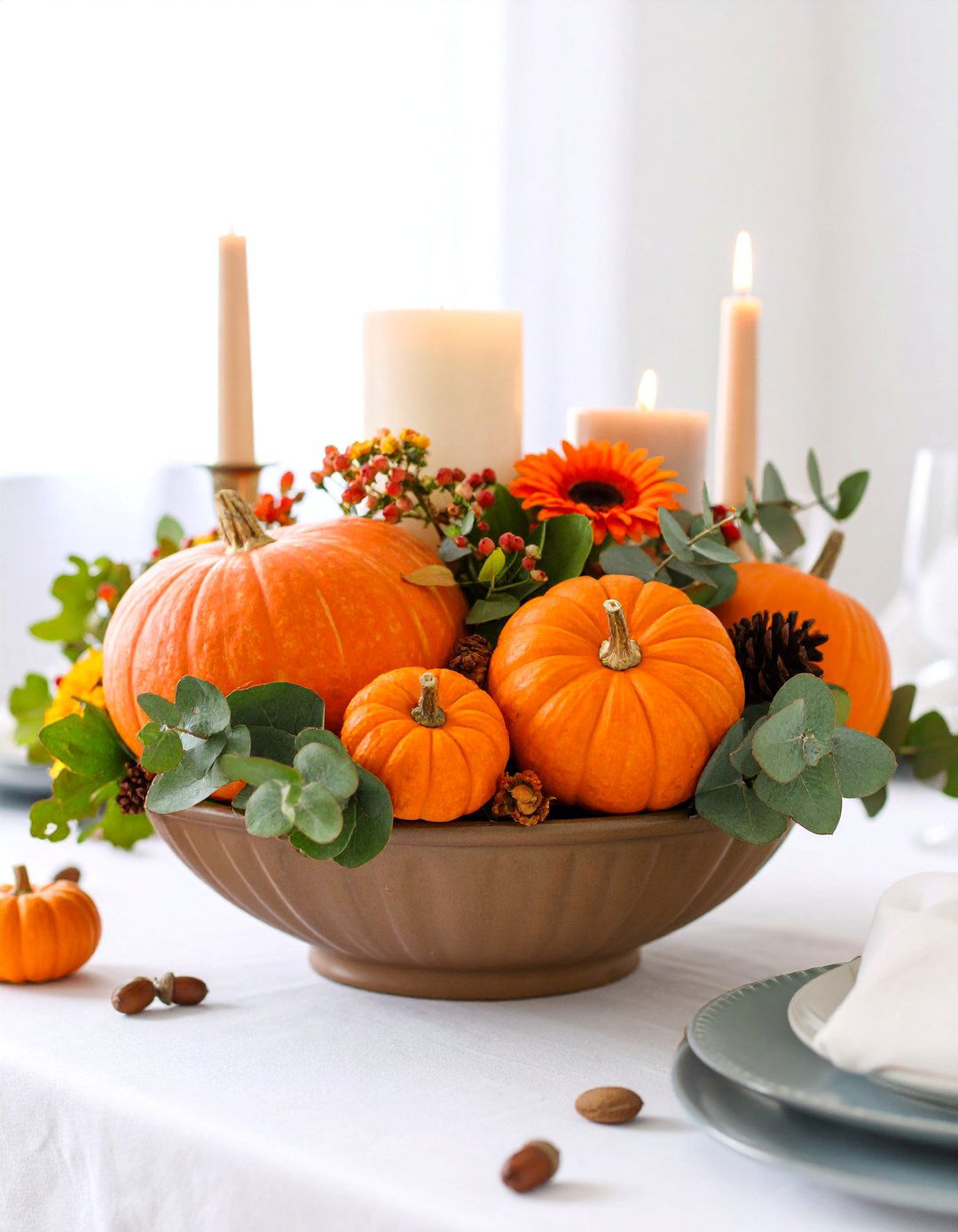 Rustic Fall Harvest Bowl with Mini Pumpkins - 25 Dough Bowl Decor Ideas