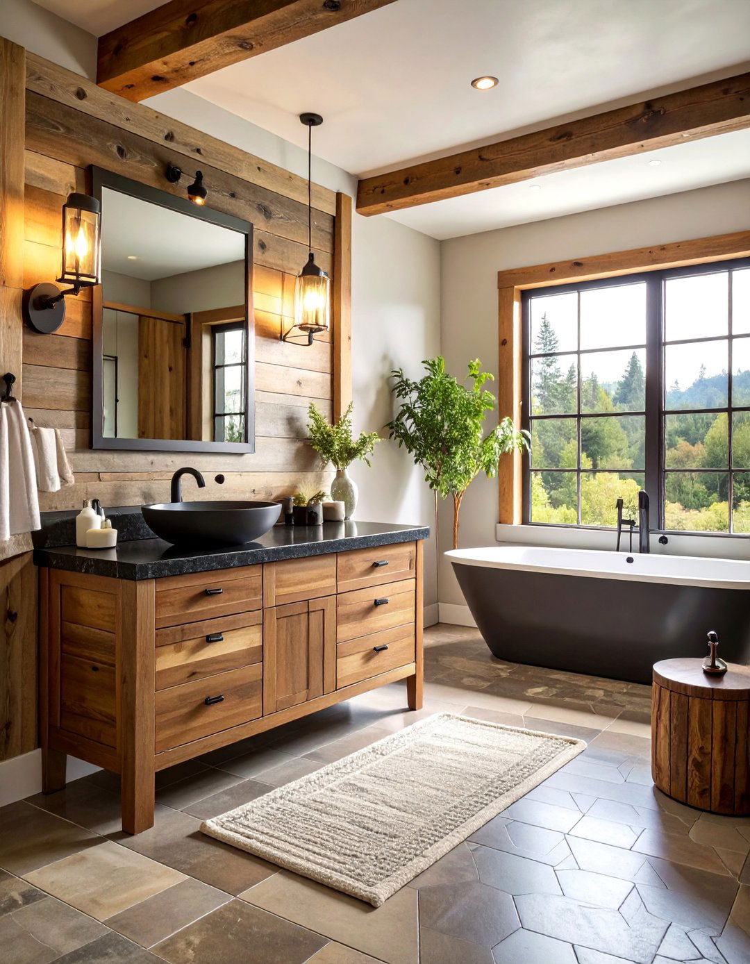 Rustic Farmhouse Bathroom with Brown Wood Vanity - 25 Black and Brown Interior Design Ideas
