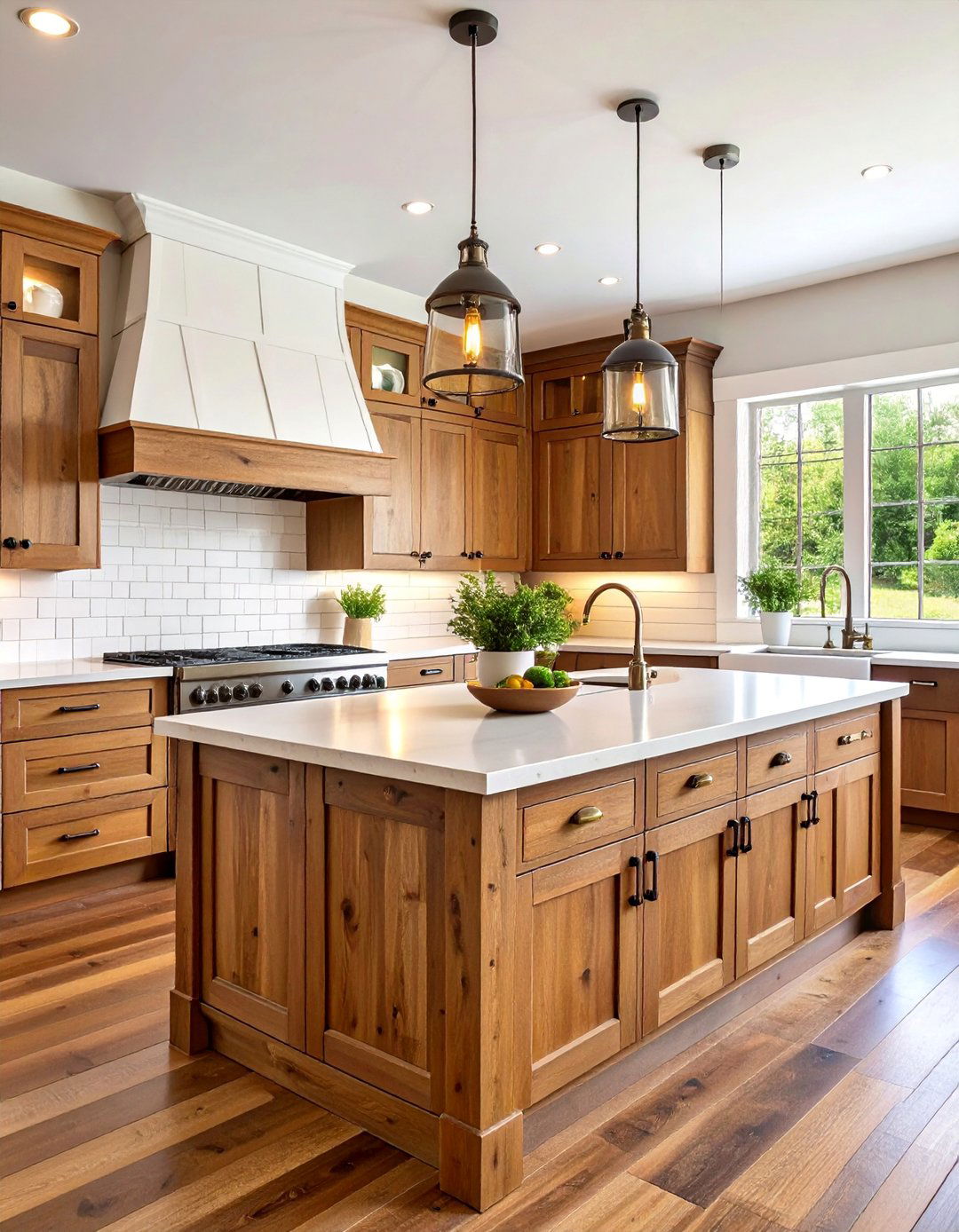Rustic Farmhouse Brown Shaker Cabinets with Reclaimed Wood Island - 25 Brown Kitchen Cabinets Ideas