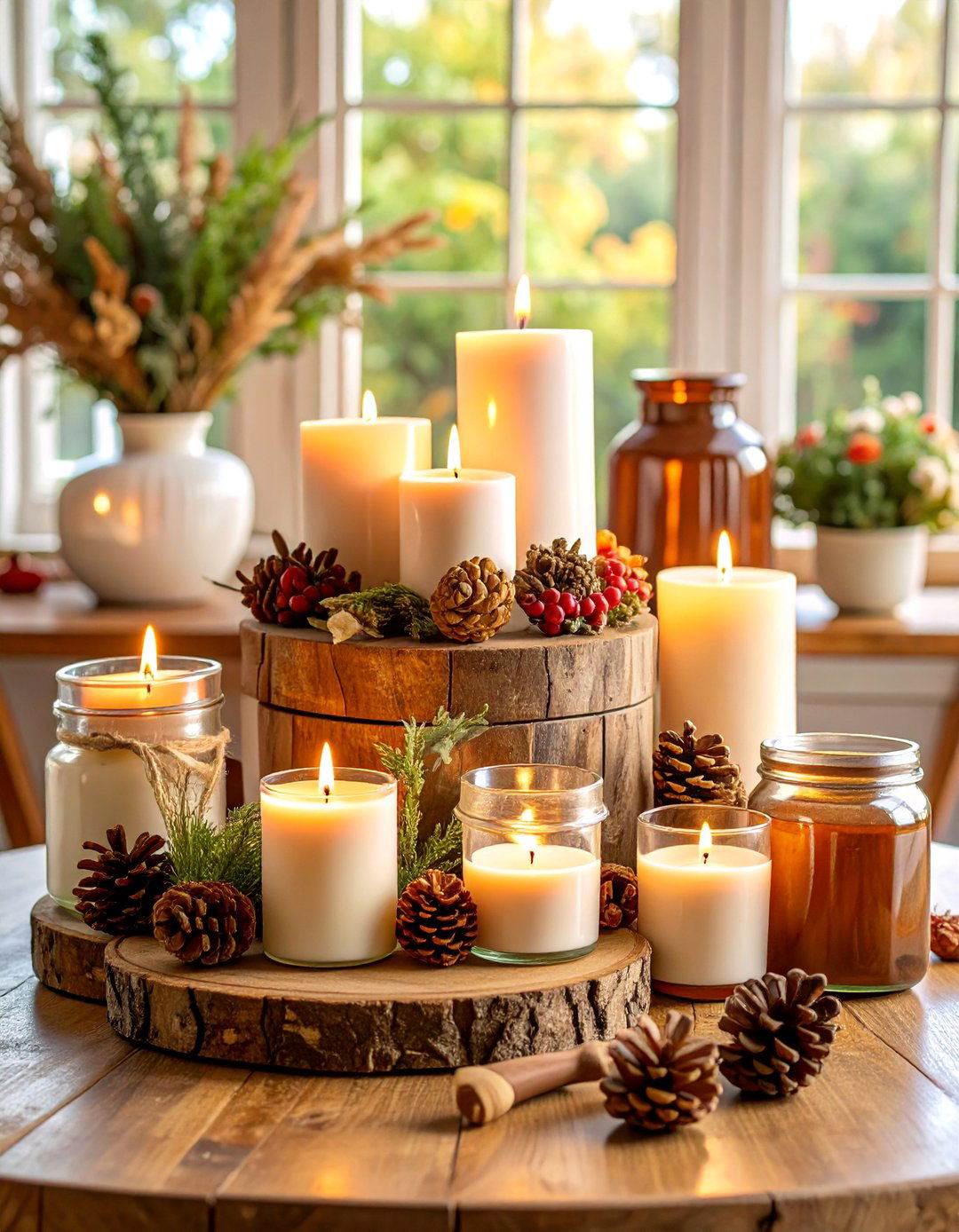Rustic Farmhouse Candle Display with Natural Elements - 25 Decorating With Candles