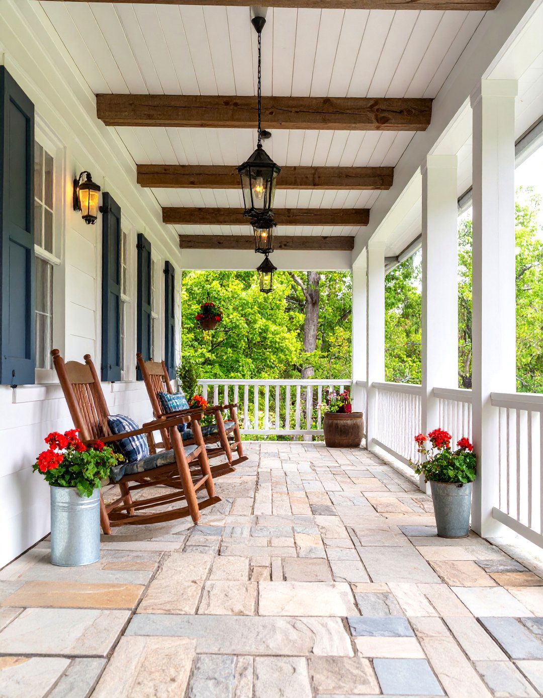 Rustic Farmhouse Covered Porch with Exposed Beams - 25 Covered Porch Ideas