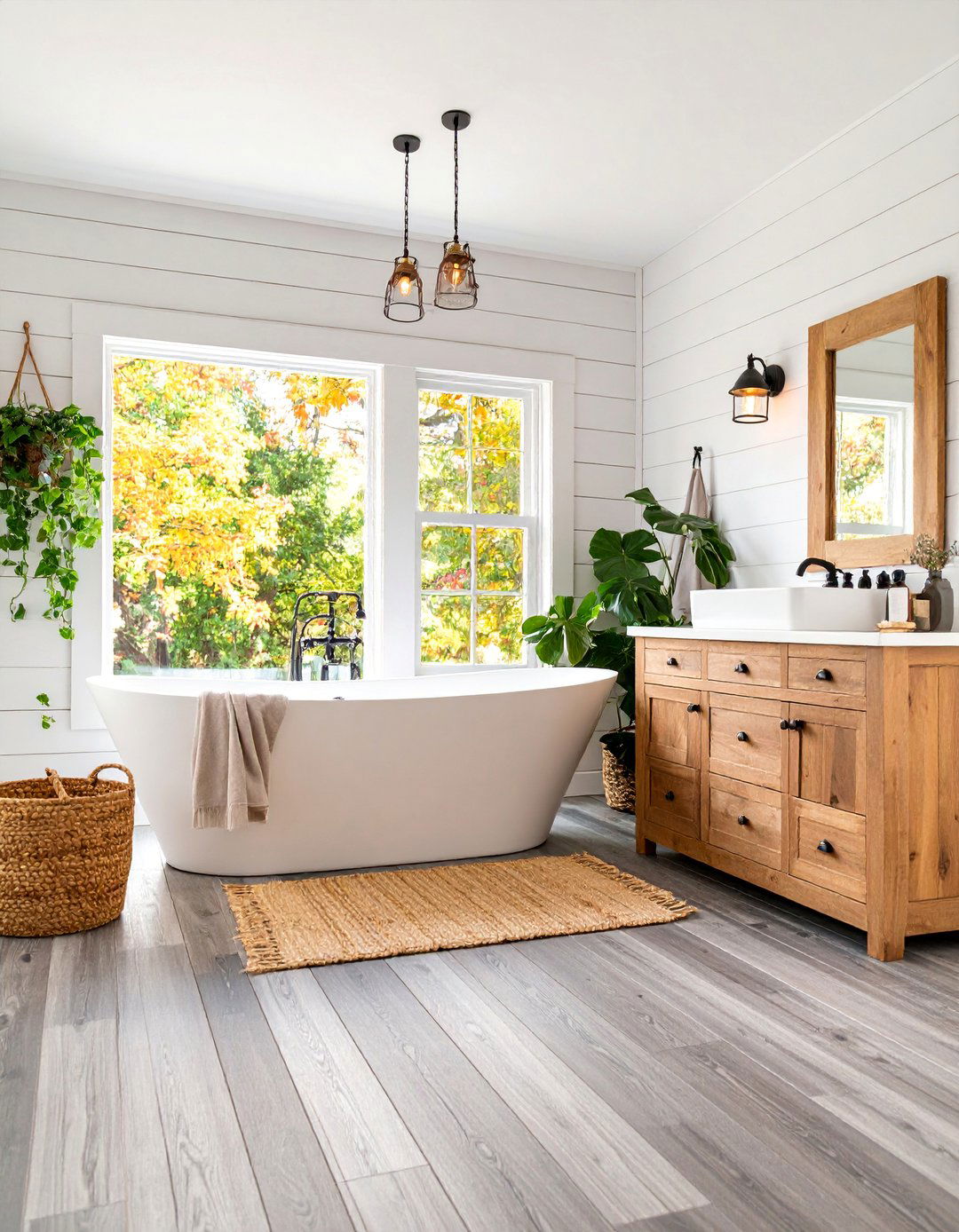 Rustic Farmhouse Gray Floor Bathroom with Shiplap Walls - 25 Gray Floor Bathroom Ideas