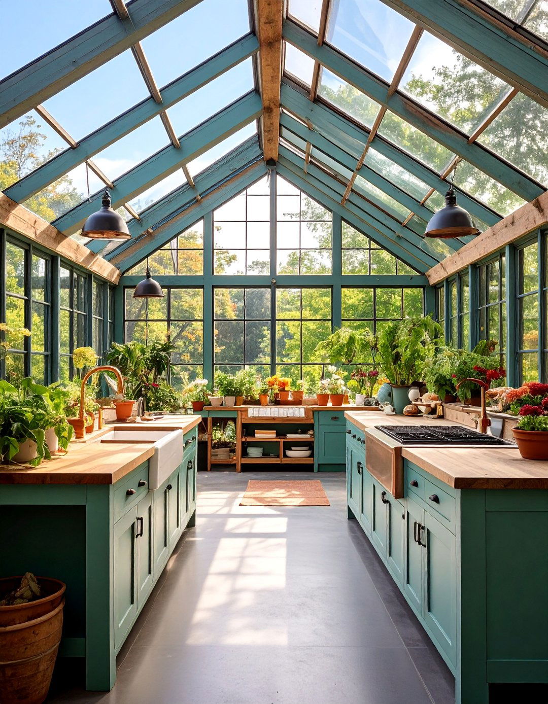 Rustic Farmhouse Greenhouse Kitchen with Exposed Beams - 25 Greenhouse Kitchen Design Ideas